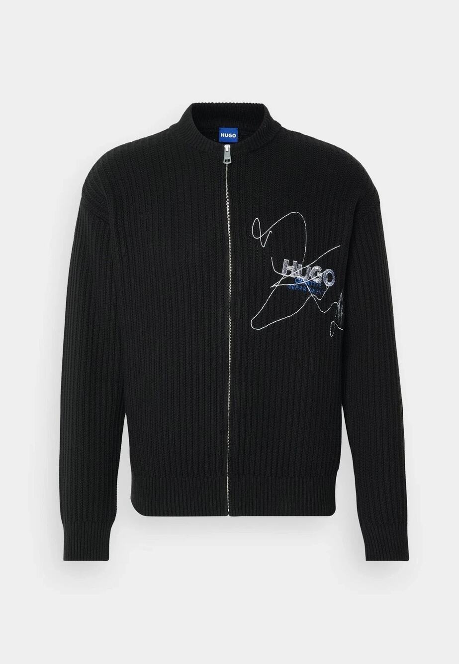 HUGO Men's XL Creative Department Black Ribbed Zip-Up Cardigan Sweater